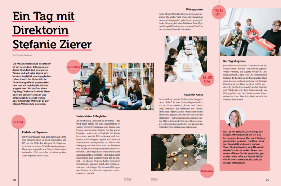 Darstellung des Tagesablaufs von Mosaik.Mittelschule-Direktorin Stefanie Zierer